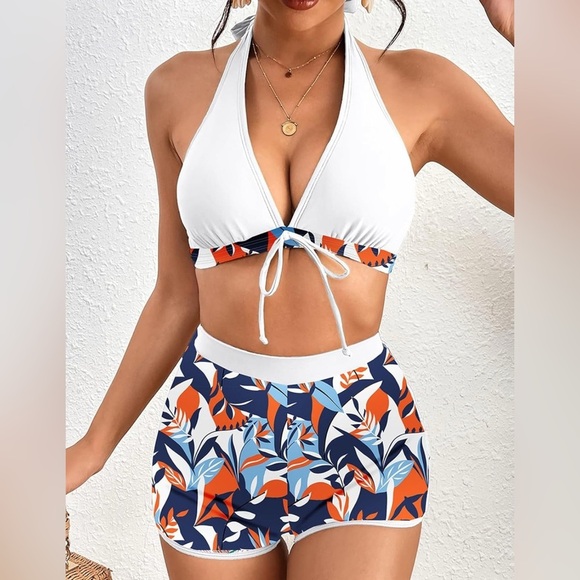 NWT-White and Orange Floral
 Halter Bikini Set - Picture 1 of 7